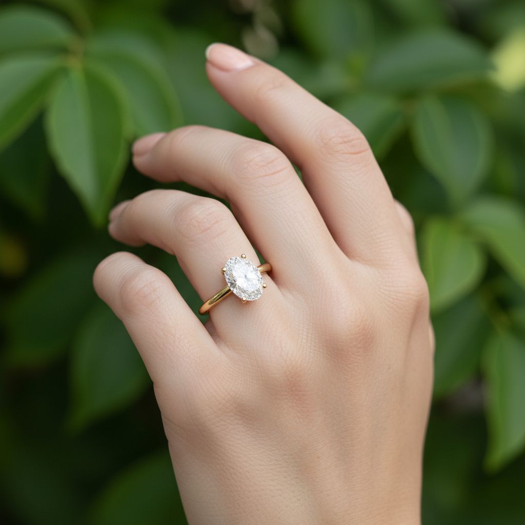 AI-generated oval solitaire in yellow gold on hand with foliage